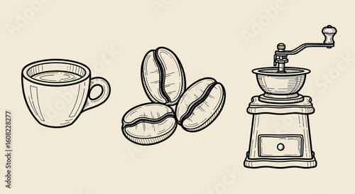 Coffee beans art sketch black vector with grinder, beans and espresso cup in hand drawn vintage barista style
