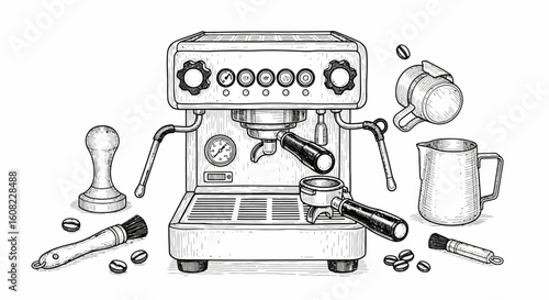 Coffee beans art sketch black vector of espresso machine and tools in hand drawn vector illustration style for barista equipment layout