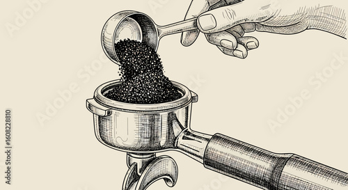 Hand drawn vector illustration of barista tamping ground coffee into portafilter, coffee beans art sketch black vector with manual espresso tools