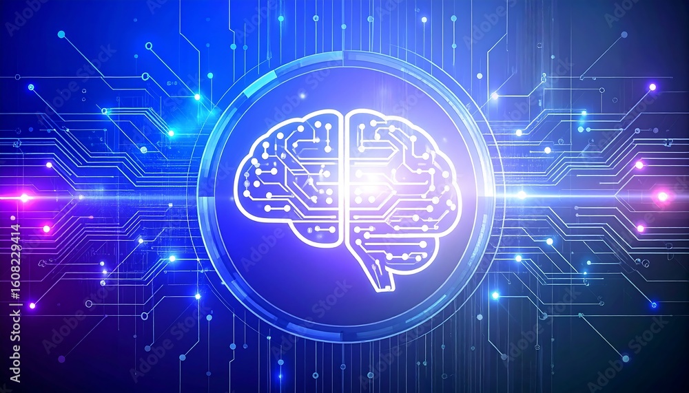 Fototapeta premium a glowing, stylized representation of a human brain composed of circuit board patterns against a dark blue background.