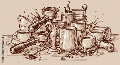 Coffee beans art sketch black vector clutter of mugs, tools, portafilters and cups in hand drawn vector cafe chaos scene