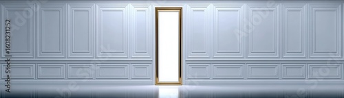 Wallpaper Mural A minimalist interior scene featuring a stylish doorway framed in gold against elegant, paneled blue walls, ideal for concepts related to opportunity, transitions, or design inspiration, Torontodigital.ca