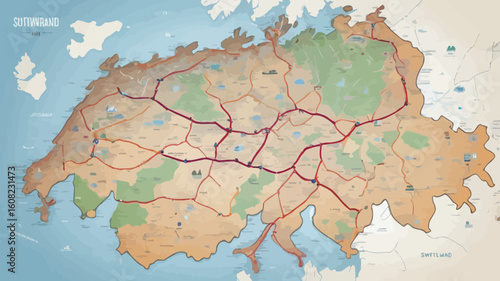 Advanced functional flat design map of Switzerland, emphasizing a clear overview of transportation routes.