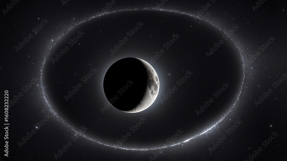 Fototapeta premium Waxing Crescent Moon with Celestial Ring in Dark Night Sky