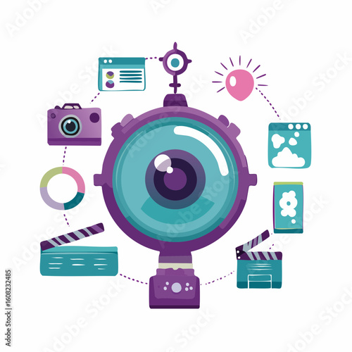 Central camera lens surrounded by media production icons, representing content creation and digital media.