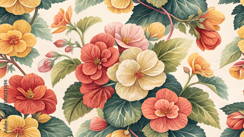 Seamless floral pattern. Natural colorful Begonia flowers. High resolution. Designed for textile printing, clothing, wallpaper.