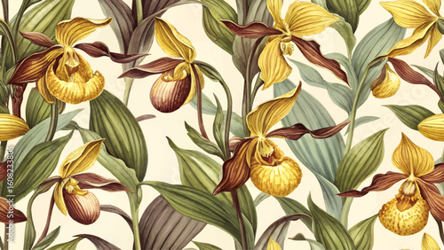 Seamless pattern illustration of bright yellow-brown lady slipper orchid flowers. High resolution. Designed for printing on fabric or wallpaper.