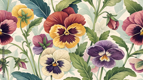 Seamless pattern illustration of colorful Pansy flowers. High resolution. Designed for printing on fabric or wallpaper.