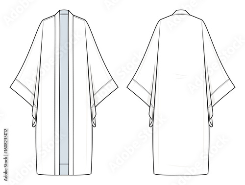 Full-Length Kimono Technical Fashion Illustration. Open-Front Drape Robe Vector Template. Front and Back View. Relaxed Fit. Wide Sleeves. Versatile Loungewear Cardigan. White Color. CAD Mockup Set.
