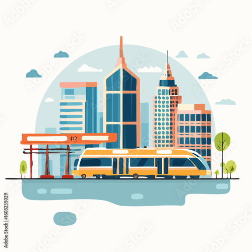 Modern urban cityscape featuring a sleek yellow train passing by a gas station with towering skyscrapers and stylized trees under a cloudy sky.