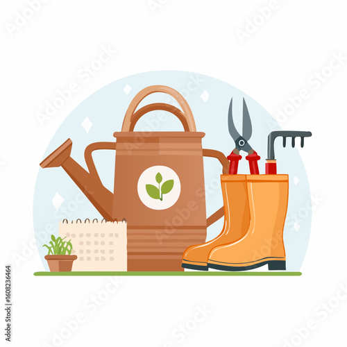 A collection of gardening equipment including a watering can, yellow boots, shears, a rake, and a calendar.