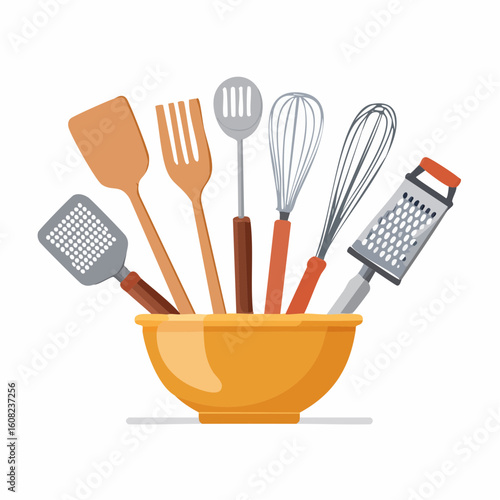 A collection of various kitchen utensils, including spatulas, whisks, and a grater, standing upright in a yellow mixing bowl.