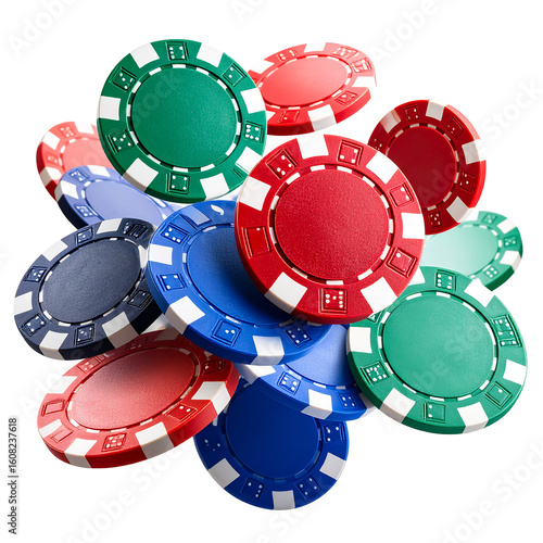 Poker Chips: A colorful collection of poker chips are artfully arranged in a visually engaging display, each chip displaying vibrant colors that invite engagement.