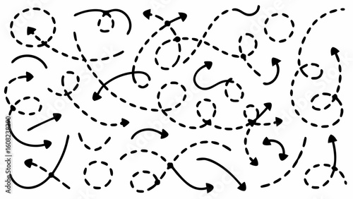 Vector  collection of hand drawn arrows with dashed lines and circular elements pointing in various directions and styles