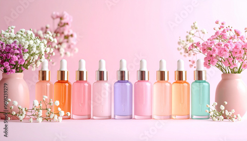 Cosmetic product bottles and flowers: A row of elegant cosmetic product bottles, each holding a different color of liquid, is complemented by delicate flower arrangements.