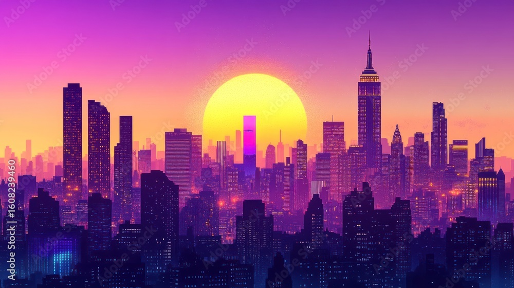Fototapeta premium Sunrise over a stylized New York City skyline, vibrant colors