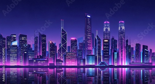 Fototapeta Naklejka Na Ścianę i Meble -  Neon Cityscape at Night with Reflective Water