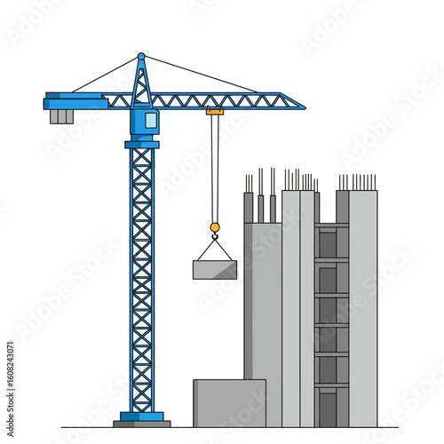 A detailed illustration depicts a blue construction crane lifting a concrete block, contributing to the building's structure against a clean white backdrop.