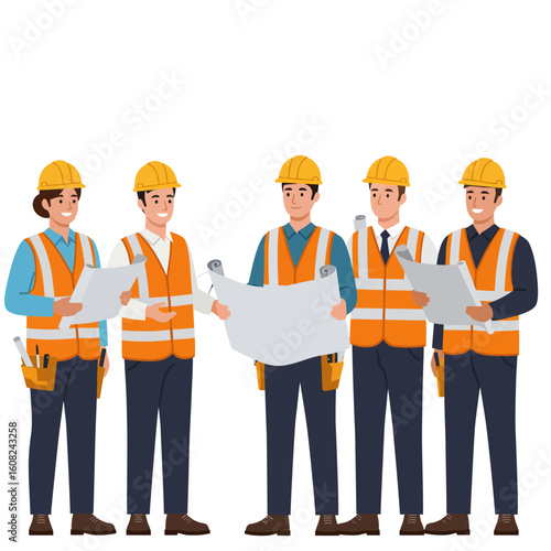 A diverse team of construction workers, both male and female, wearing hard hats and safety vests, reviewing blueprints and plans, ready for a project.