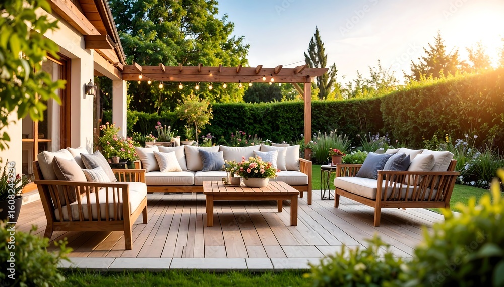 Obraz premium Outdoor patio furniture set under pergola. Rustic elegance
