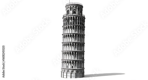 A detailed black and white line art illustration of the Leaning Tower of Pisa, the famous Italian landmark.