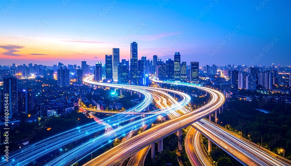 Naklejka premium City skyline at dusk with vibrant light trails on a complex highway interchange.