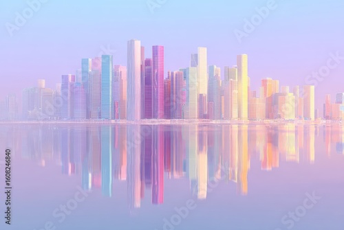 Pastel cityscape reflected in water