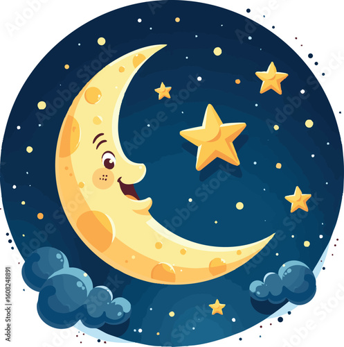 A vector illustration of a cartoon crescent moon and stars in the dark blue night sky, perfect for a baby's room wallpaper or holiday design