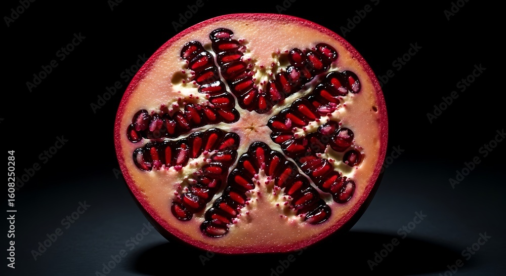 Fototapeta premium A vibrant cross-section of a ripe pomegranate revealing its jewel-like seeds on a dark background.