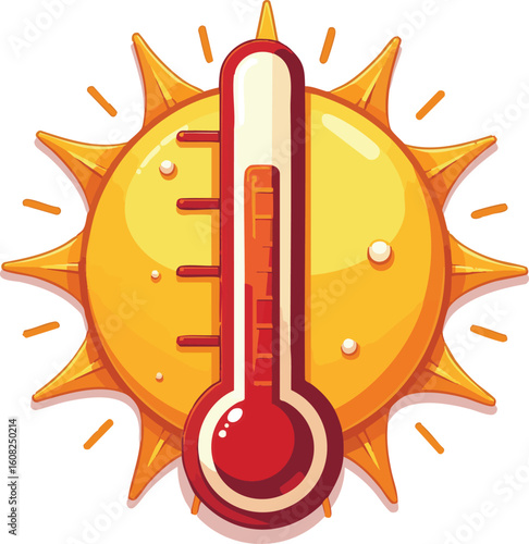 Sun and fire icons illustrate hot summer weather with a bright yellow and orange thermometer design