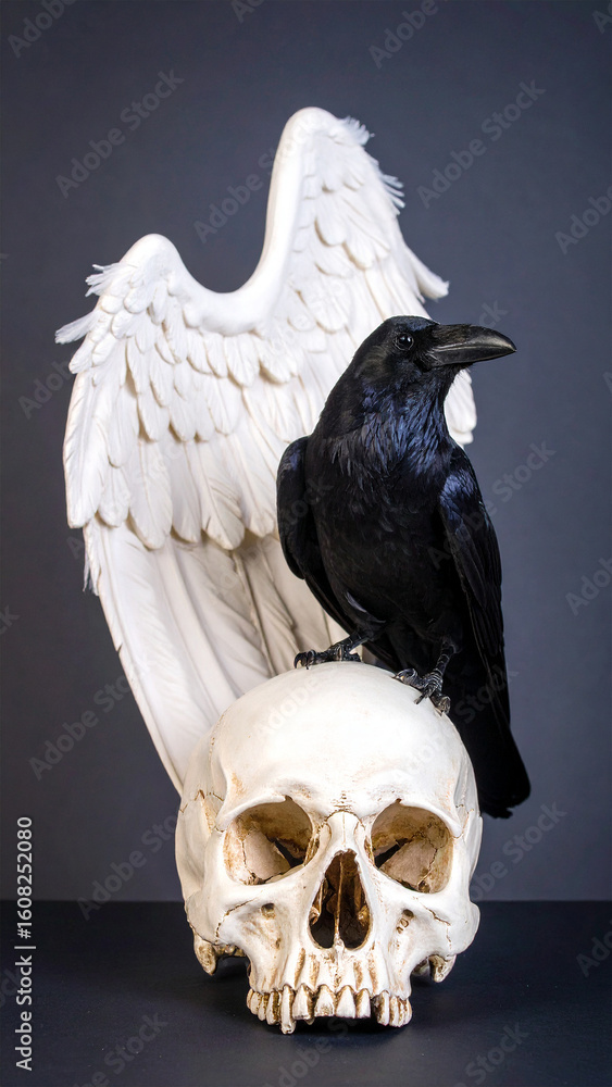 Naklejka premium Mysterious Raven on a Skull: A gothic composition showcases a striking black raven perched atop a human skull, against the backdrop of pristine white wings. Evoking both mortality and the uncanny.