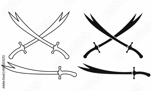 Vector illustration of Zulfiqar sword in outline, silhouette,crossed, black and white. Iconic split-tip Islamic sword in outline and silhouette, ideal for religious, historical, and symbolic themes.