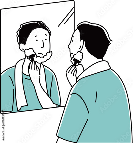 鏡の前で髭を剃るお父さん_単色