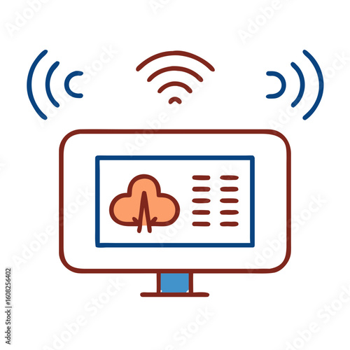 A digital representation of data cloud technology visualized on a monitor, signaling data transfer.