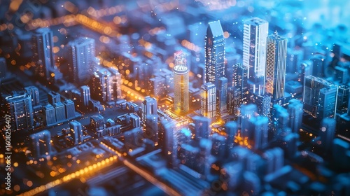 Smart city technology, 3D futuristic hub model. Urban innovation, digital infrastructure, planning, intelligent connectivity.