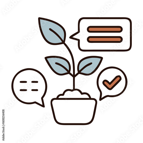 An illustrated plant sprouts, symbolizing growth, progress, and positive change. The image, adorned with speech bubbles, encourages viewers to ponder their aspirations for future improvement.