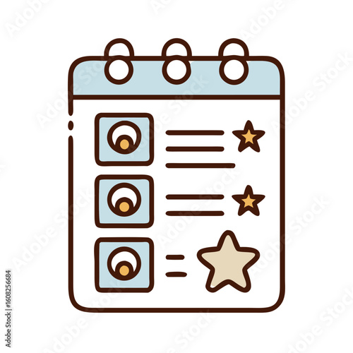 An icon of a calendar showcasing appointments and ratings, meticulously designed with clean lines and gentle pastel tones. Capturing the essence of planning, scheduling, and organized rating system.