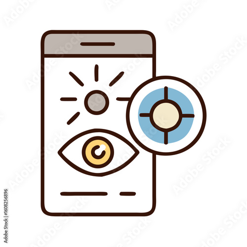A modern illustration depicts a smartphone interface that uses its augmented reality for visualising sun, eye and focus objects. The image captures the fusion of technology and everyday life.