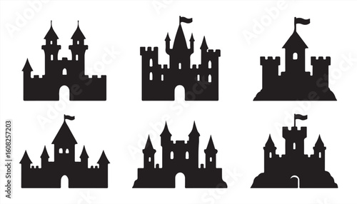 Castle Silhouette Icons Showcasing Medieval Architecture and Royal Fortress Designs.