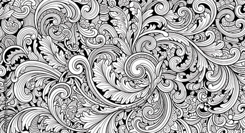 A detailed, black and white, hand-drawn seamless pattern of swirling acanthus leaves in a baroque style.