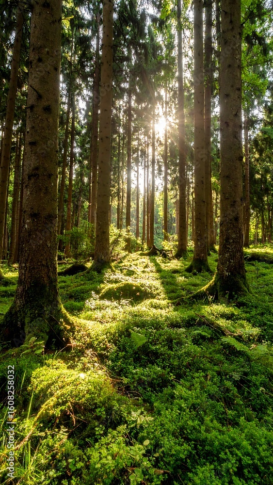 Obraz premium Sunlight filters through a mossy forest