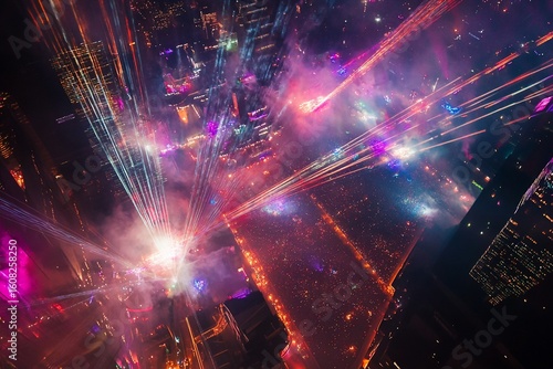 Aerial View of a Dazzling Light Show over a Modern Metropolis at Night