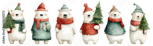 Christmas white bear set. Watercolor baby cartoon polar bear characters in scarves, coats, hats. Holding gift box, christmas tree vector illustration