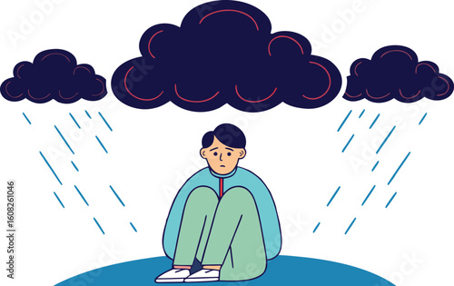 Depression and Anxiety Illustration – Sad Person with Storm Cloud