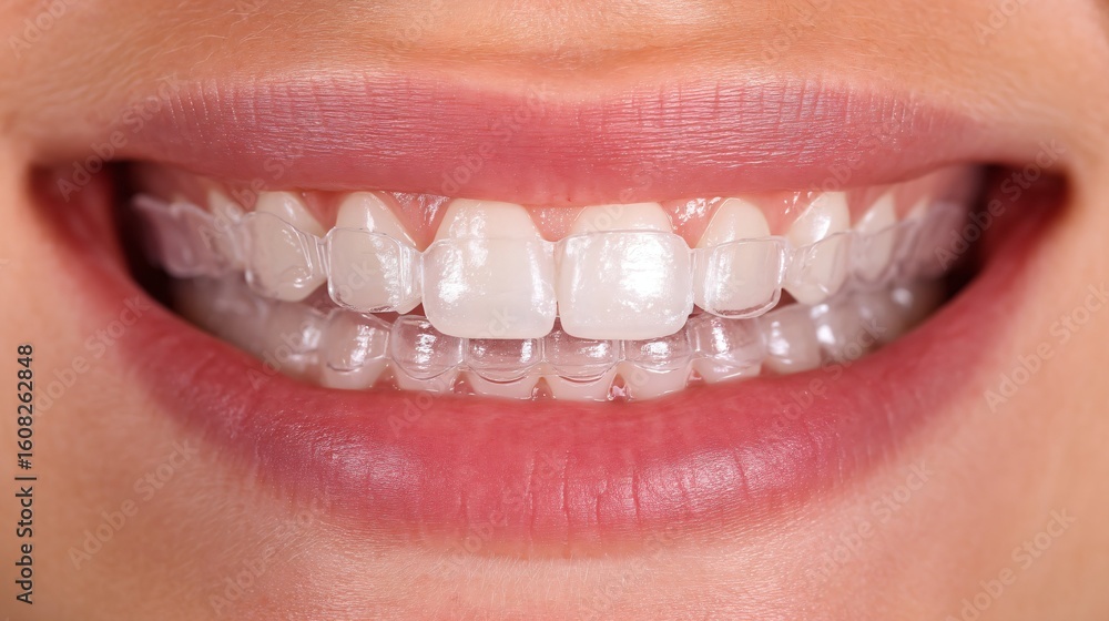 Obraz premium Close-up of a woman’s hands placing clear dental aligners onto her straight white teeth, showcasing modern orthodontic care, dental health, cosmetic dentistry, and professional teeth alignment 