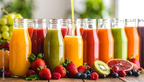 Colorful fruit juices in bottles