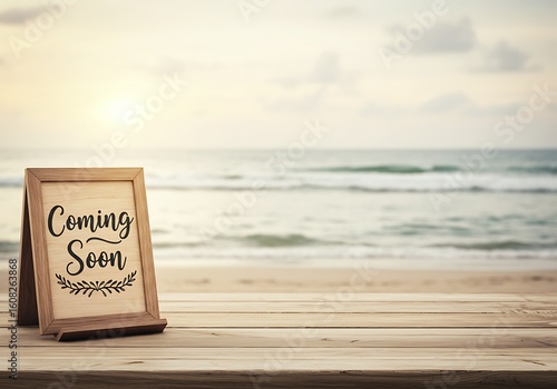Wooden “Coming Soon” sign standing on a sandy shore with ocean waves behind, perfect for adding custom text.