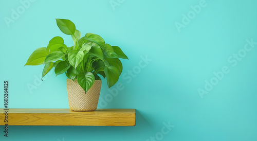 uma planta de costela de Adão em uma prateleira de madeira sobre um fundo azul bebê