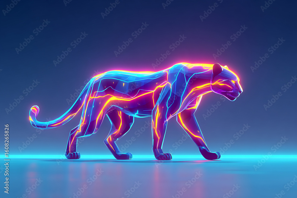 Fototapeta premium Surreal glowing panther with digital cosmic energy and neon light trails