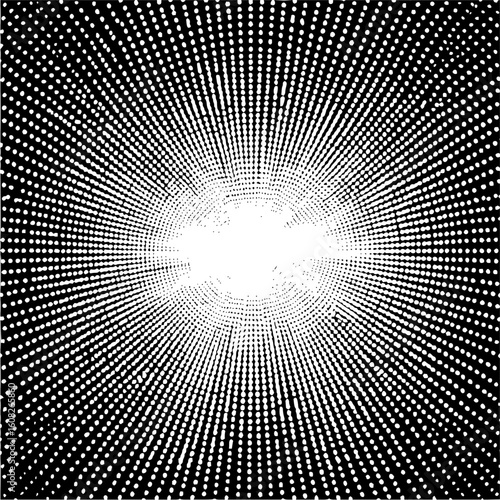 Radial pattern of white dots emanating from a central bright area on a black background design art